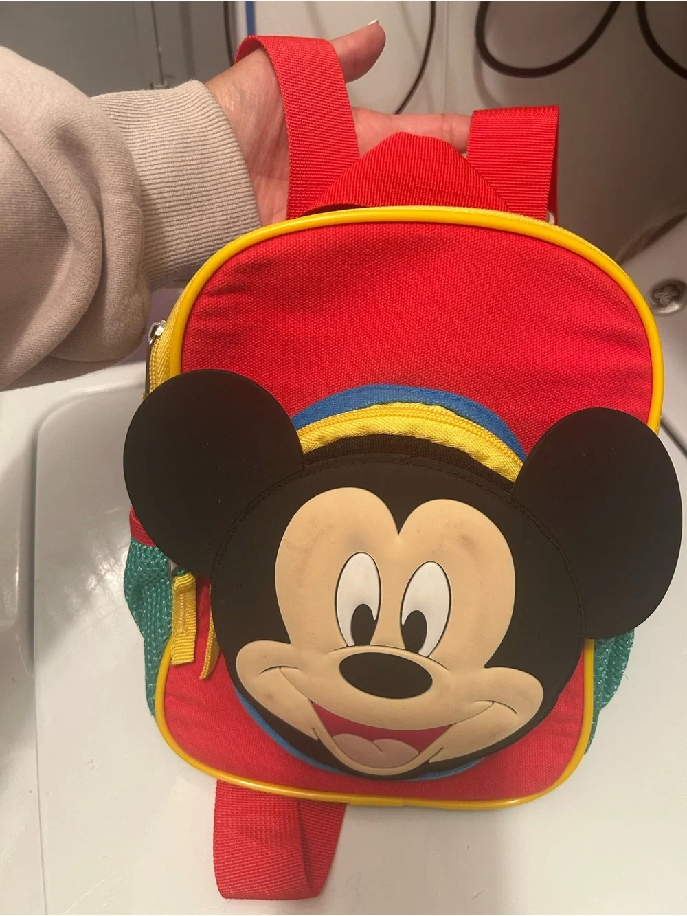 Disney Red Mickey Mouse Kids Backpack with Teal Pockets and Yellow Trim